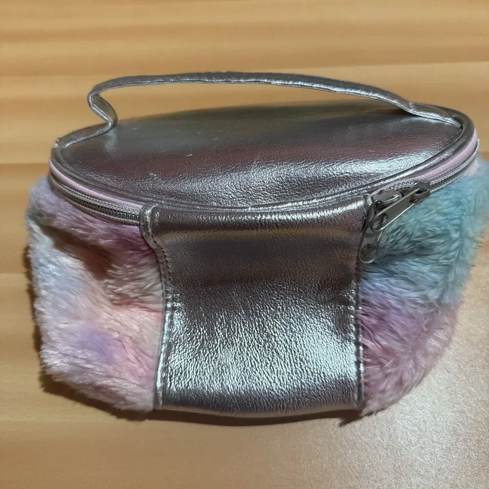 Kids Unicorn Rainbow Girls Makeup Bag Furry Fuzzy Zipper Cosmetic Tote Bag